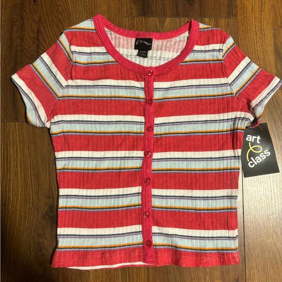 Art Class Girls’ Button Front Short Sleeve Striped Shirt - Red - Picture 1 of 3